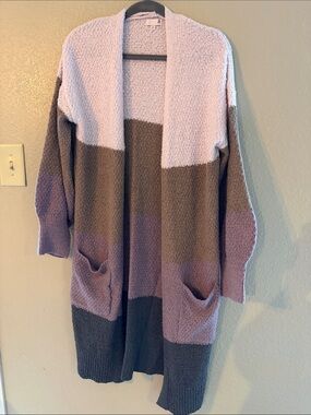 SO Colorblock Open-Front Cardigan in Pink, Brown & Gray